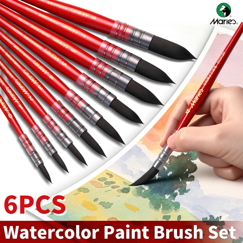 Marie's 6pcs Paint Brushes for Watercolor, for Acrylic, Gouache, Long Handle Brush Set Ideal for Artists, Adults and Hobbyists