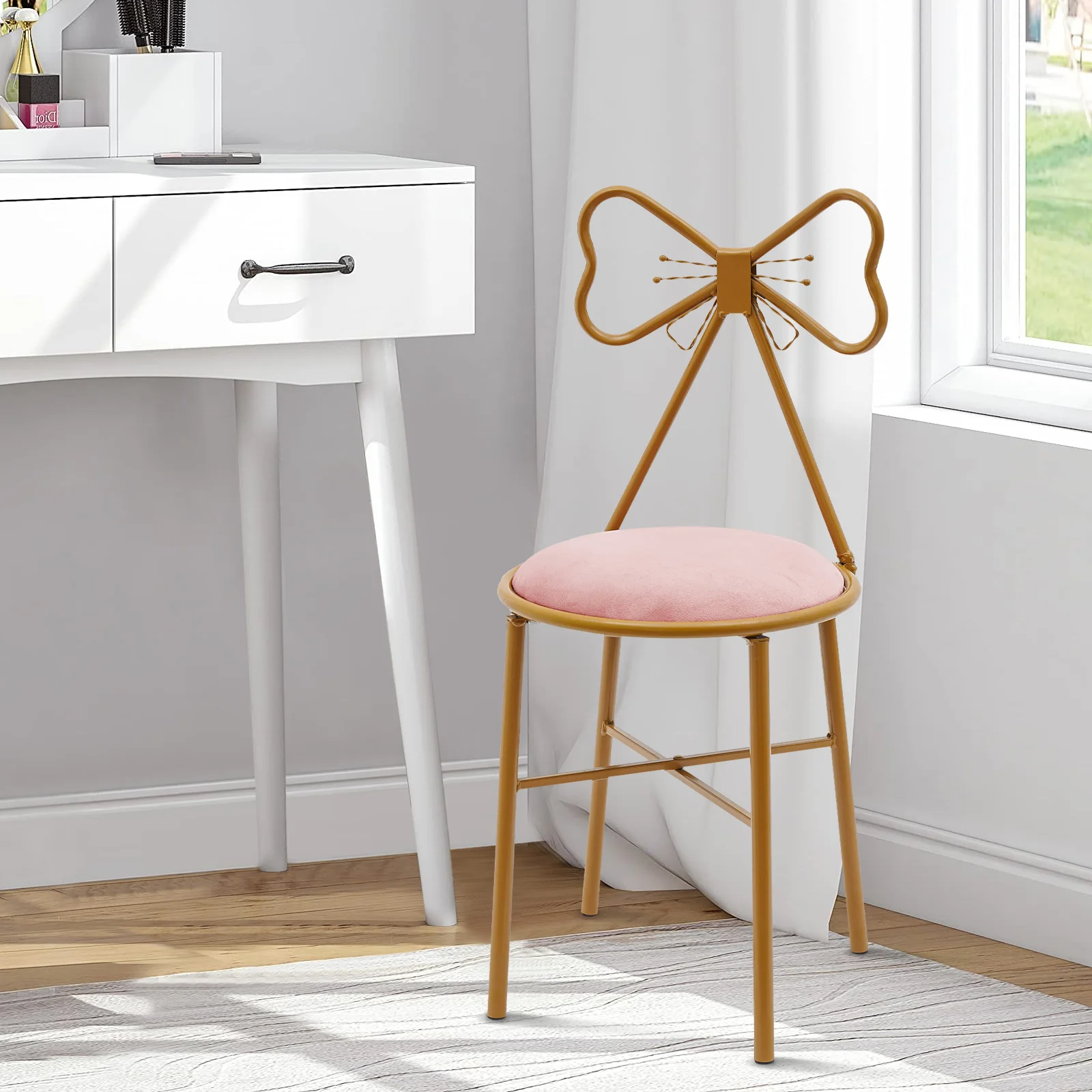 

Butterfly Bow Tie Pink Vanity Chair Velvet Cushion Metal Frame Lounge Dresser Seat with Butterfly Backrest