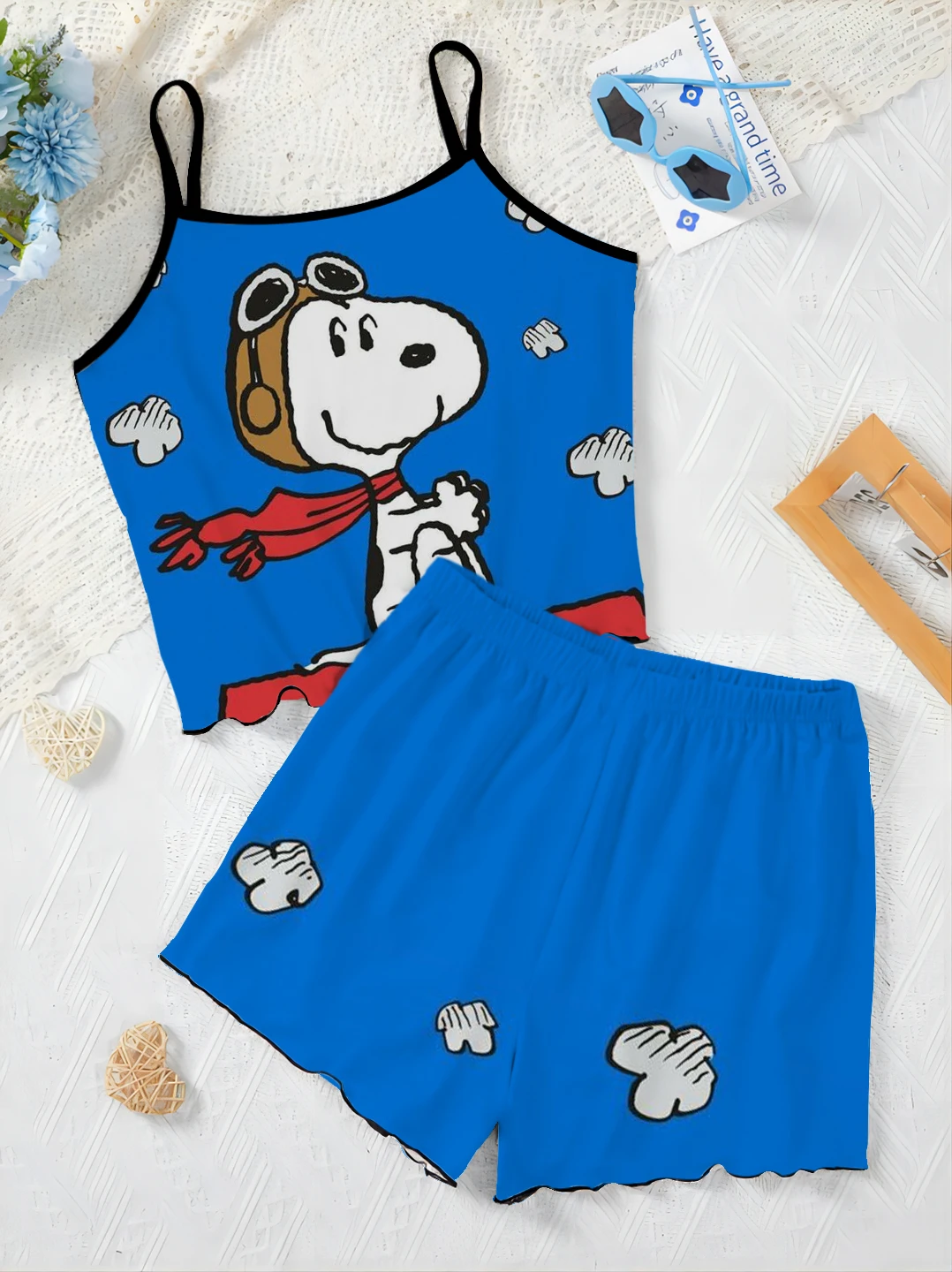 Set Woman 2 Pieces Chic and Elegant Women's Sets Home Dress Top T-shirt Lettuce Trim Snoopy Pajama Skirt Short Suit Slip Dress