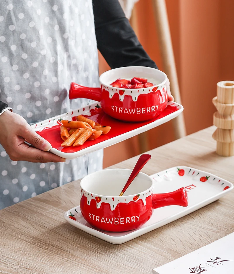 2pcs Set, Embossed Porcelain Morning Cereal Bowl and Plate Strawberry Design, Ceramic Snack with Tray, Verrine Dessert