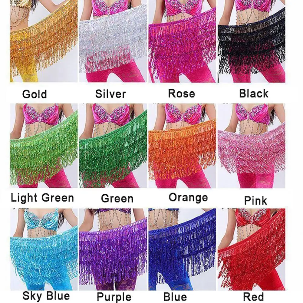 1Pc Belly Skirt Sequins Decor Eye-catching Tassel Costume Breathable Shiny Viscose Belly Dance Hip Scarf for Adult Dance Wear