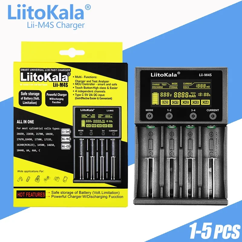 

1-5PC LiitoKala Lii-M4S 21700 Battery Charger For 18650 18350 26650 16340 RCR123 14500 3.7V 1.2V Ni-MH Ni-Cd USB smart charger