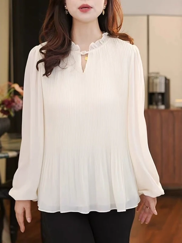 

Casual Loose Long Sve Chiffon Top for plus Size Women in Beige Color Faionable Versatile Autumn Wear Polyester Fiber
