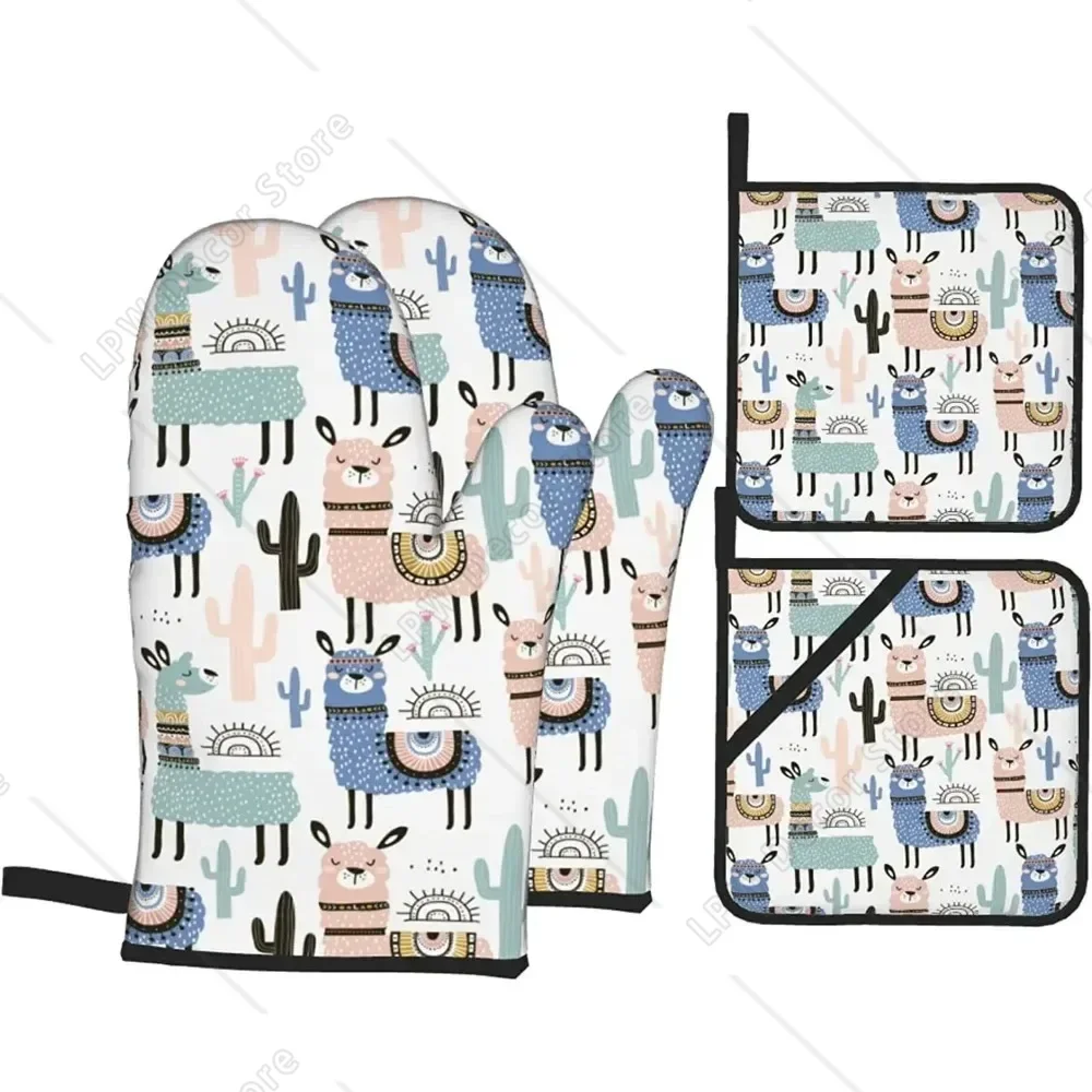 Alpaca Oven Mitts and Pot Holders Sets of 4 Baking Cooking BBQ Oven Mitts Heat Resistant Non-Slip Quilting Grill Mitts Gifts