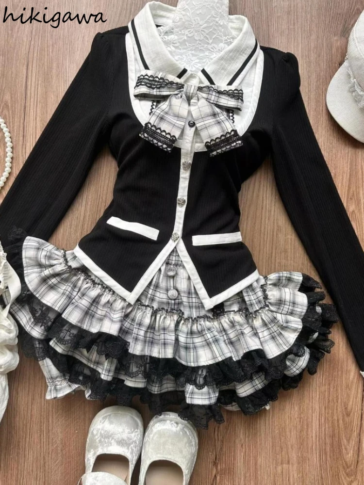 

Preppy Style Fashion 2 Piece Sets Skirt Suit Women Clothes Patchwork Bow Tunic Tops Lace Plaid Mini Skirts Outfits Sweet Y2k Set