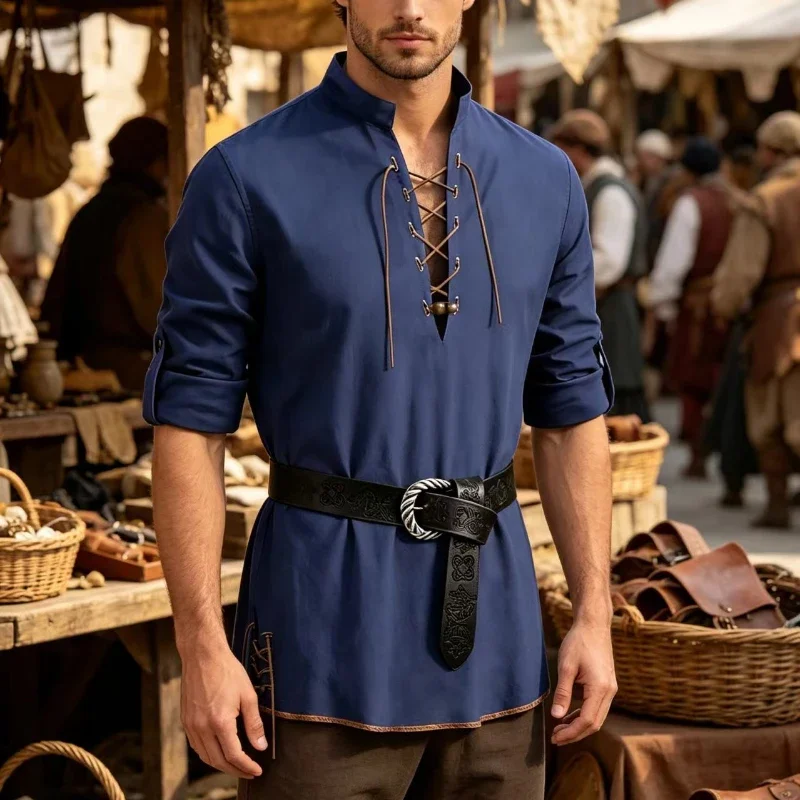 Men Vintage Medieval Viking Lace Up Shirt, Renaissance Pirate Roll Sleeve Top, Can Match Belt Halloween LARP Cosplay Costume
