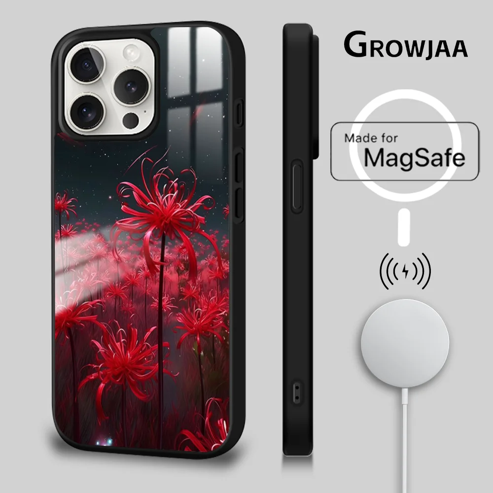 Red Spider Lily Flowers Phone Case For iPhone 16 15 14 13 12 11 Pro Max Plus Mini New Magsafe Mirror Wireless Magnetic Cover