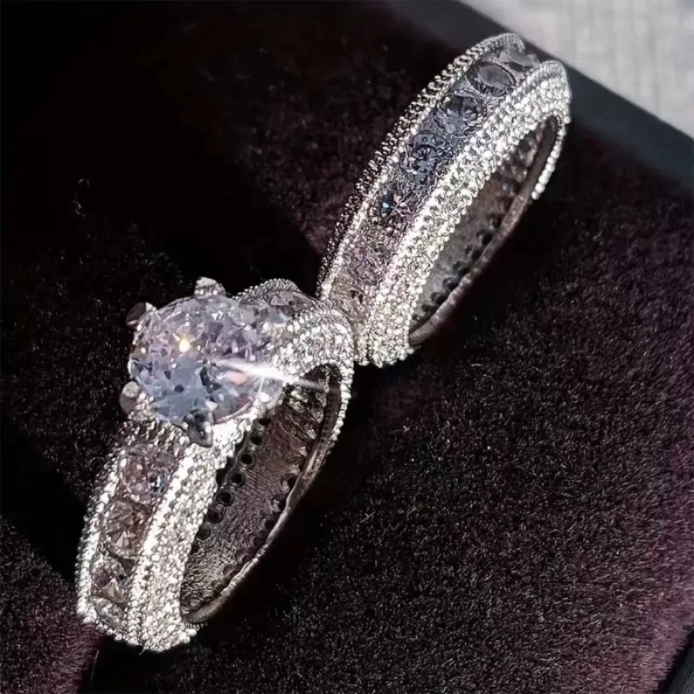Jewellery Accessories Zircon Wedding Ring Set Silvery 2 Piece Set Engagement Rings Couple's Sparkling Diamond Ring Women