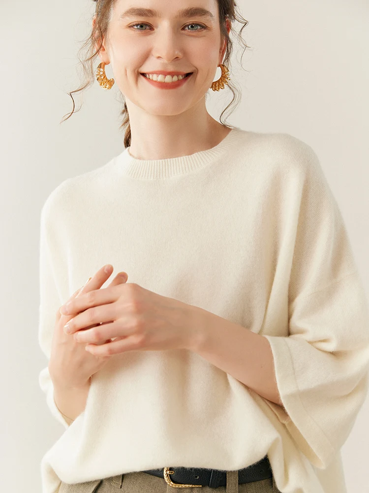 TLOML 신상 여성용 100% 캐시미어 스웨터 O넥 반소매 풀오버 심플 스타일 가을 겨울 부드러운 루즈핏 캐시미어 니트웨어 탑