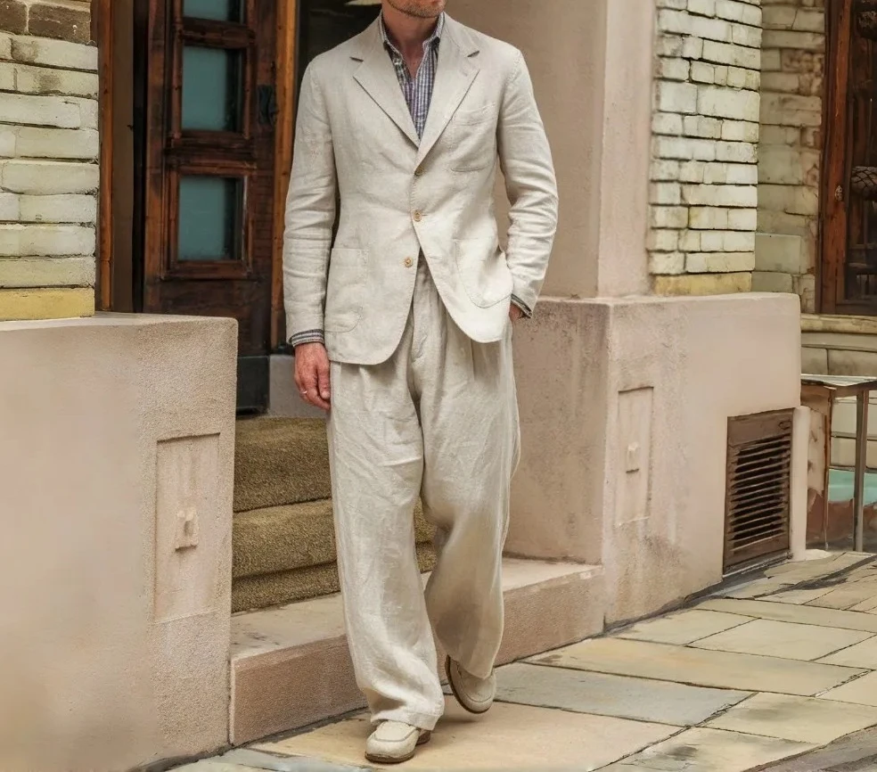 

Beige Linen Relaxed Prom Suits 2 Pieces 1970s Men Suits Vintage Style Groom Wedding Tuxedo Blazer Trousers Set ropa hombre