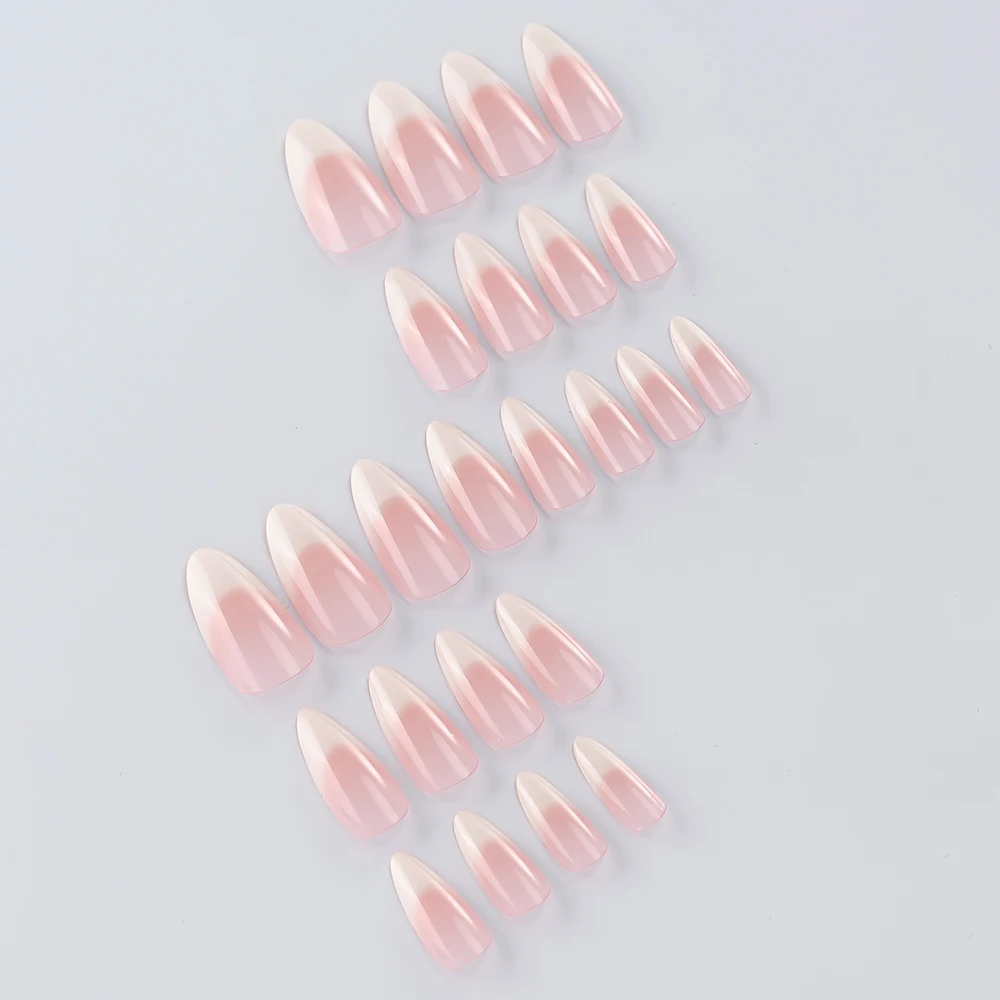 24 Buah/Boks Kuku Palsu Almond Perancis Putih Merah Muda Gradien Bening Wanita Tekan Pada Kuku Akrilik Dapat Dipakai Penutup Penuh Kuku Palsu Perancis