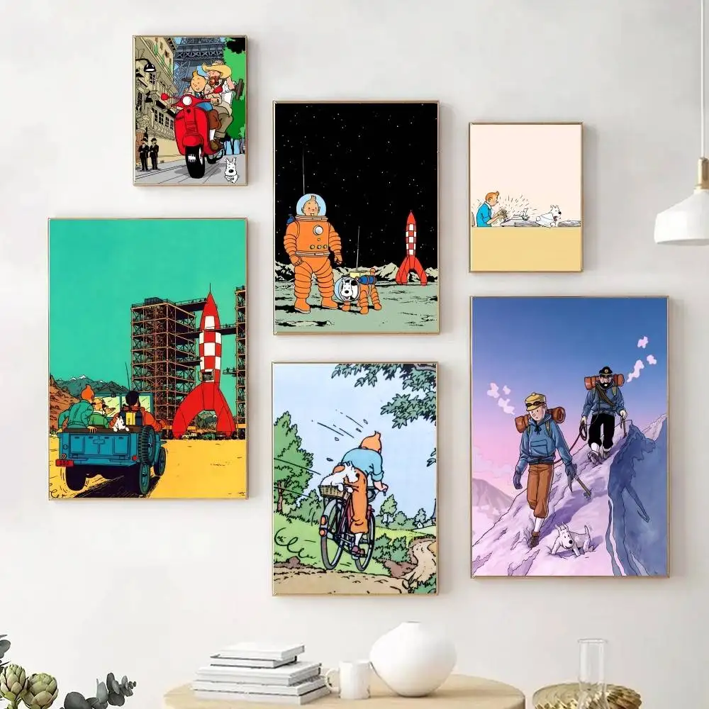 Аниме Классические комиксы T-Tintins Приключения Манга Плакат Самоклеящийся Водонепроницаемый Идеально подходит для гостиной Спальни Бар Украшения