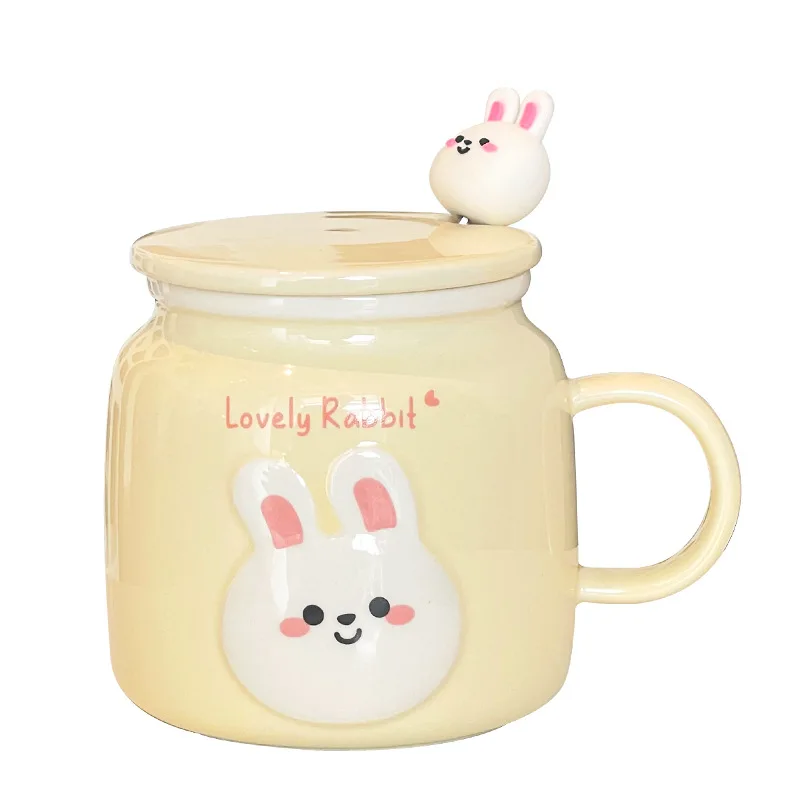 Cute Bunny Ceramic Cup with Lid and Spoon Big Capacity Creative Coffee Mug Office Milk Mug Ceramic Crafts Kitchen Drinkware