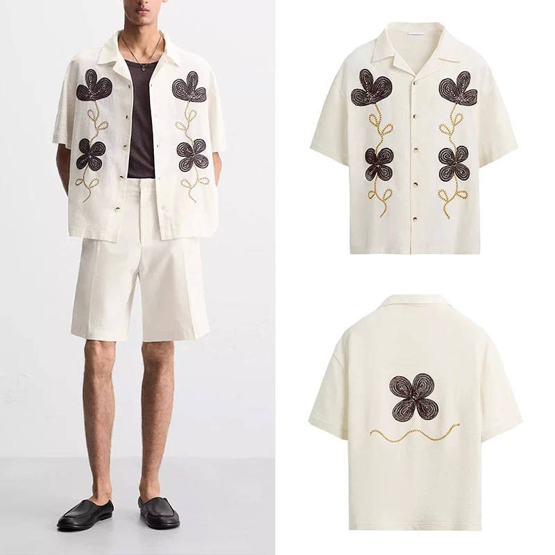 

Summer 2025 Men's Fashion Versatile Loose Floral Embroidery Shirt Breathable Casual Style Short Sleeve Turn-down Collar Butto...