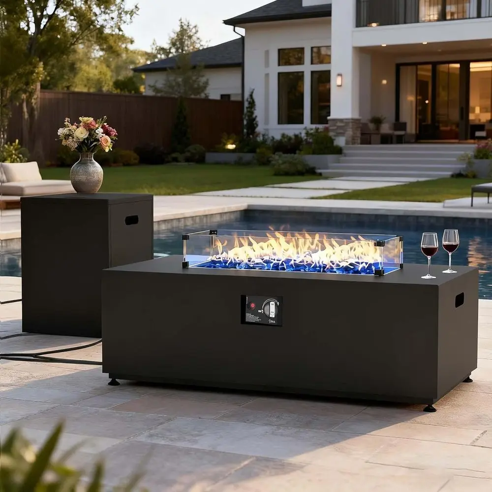 

42 Inch Outdoor ire Pit Table or Outside Patio, 55000RecPropane irt with Hidden uel Tank, Glass Wind Guard, Waterproo Cover and