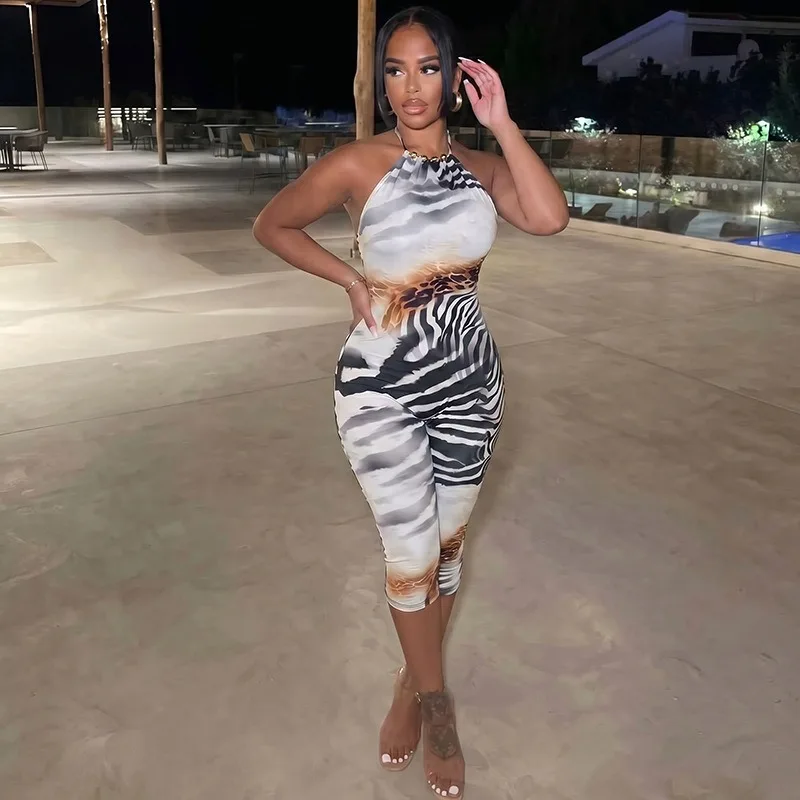 

KEXU Summer Women Jumpsuit, Halter Neck Tie Strap Open Back Faux Leather Pattern Slim Fit Bodycon Cropped 7/8 Jumpsuit