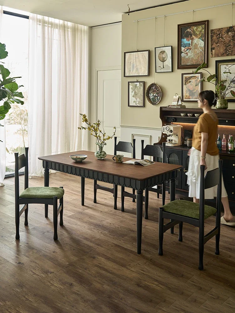 طاولة طعام فرنسية عالية الظهر مصنوعة من الخشب الصلب ومجموعة كرسي، كرسي منزلي أسود من القرون الوسطى #4