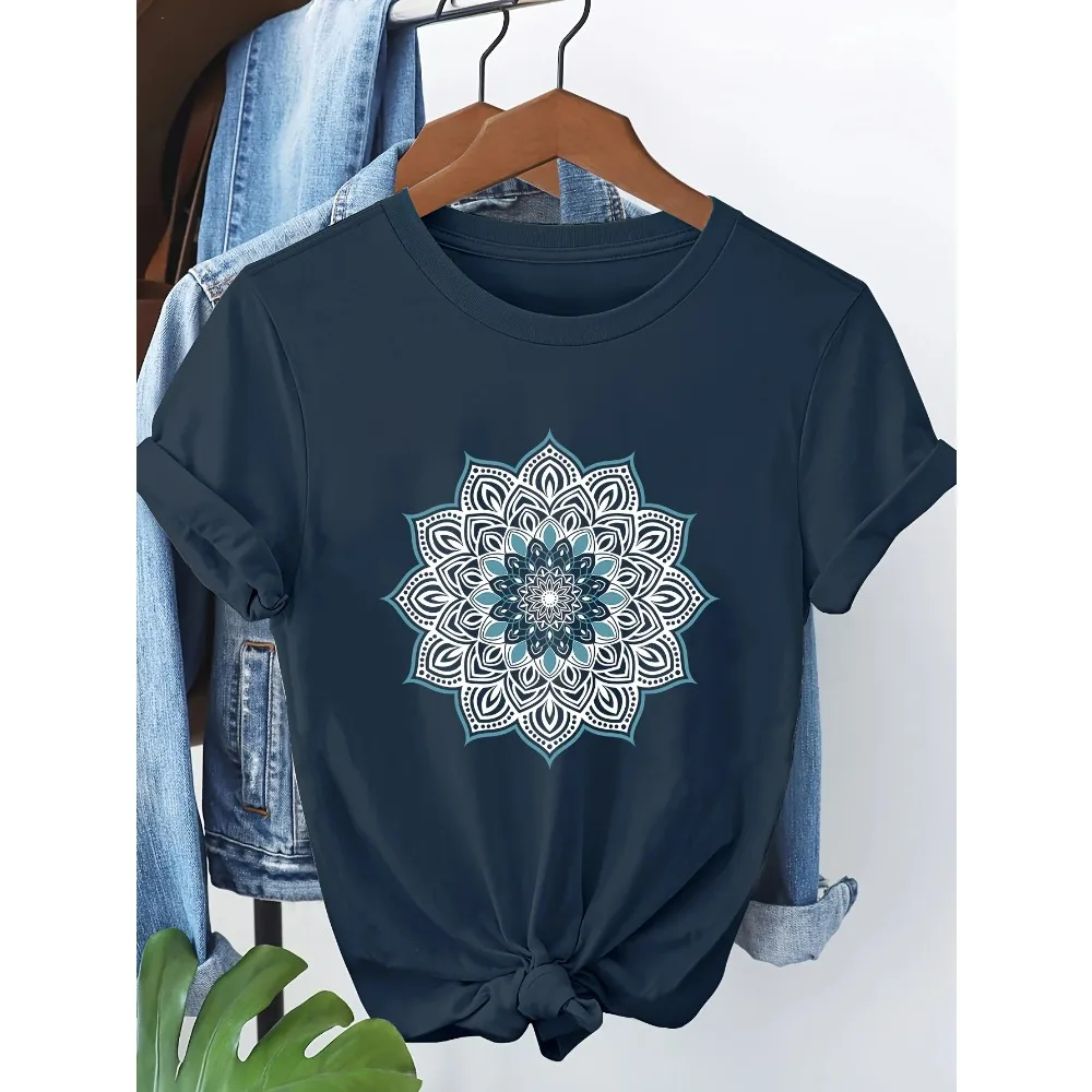 Women's Floral Mandala Print Short Sleeve T-Shirt Casual Round Neck Top with Teal  Black Artwork Urban Style Printed T-Shirt