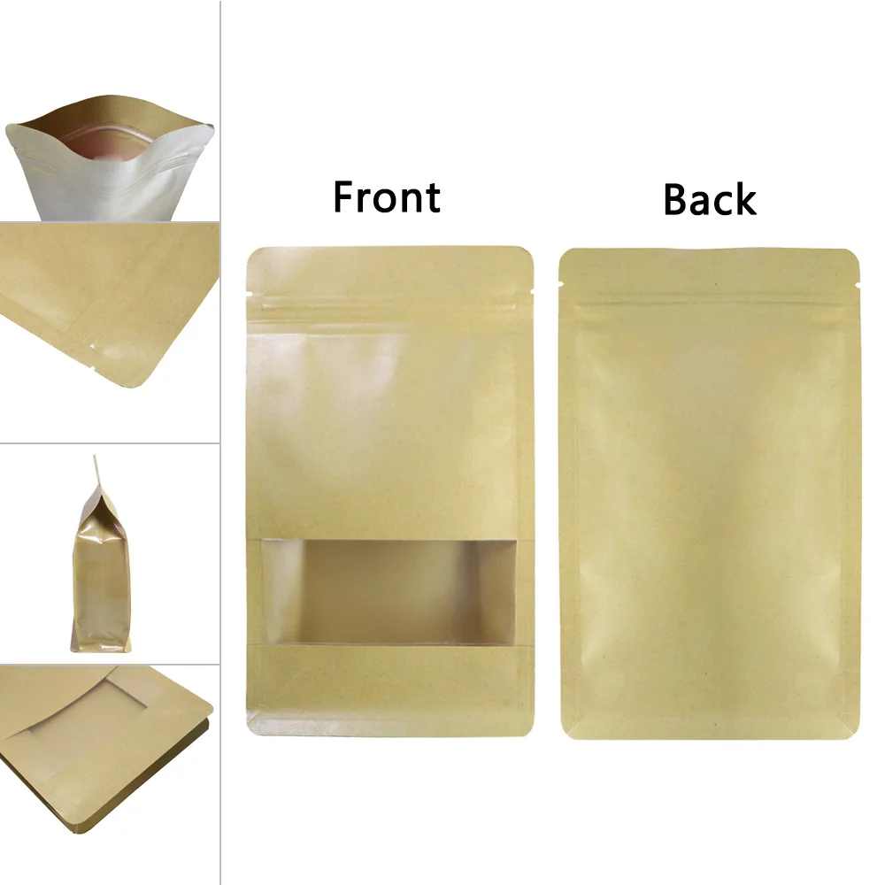 Mylar Bag, Side Gussets Package Pouch, Reclosable Stand Up Kraft Packaging, Zip Lock Bags with Window, New Multi Sizes, 100Pcs