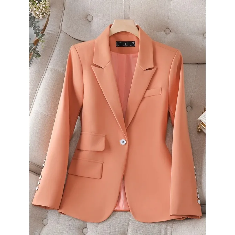 Traje de oficina para mujer, Blazer de manga larga con un solo botón, color negro y Beige, chaqueta informal lisa