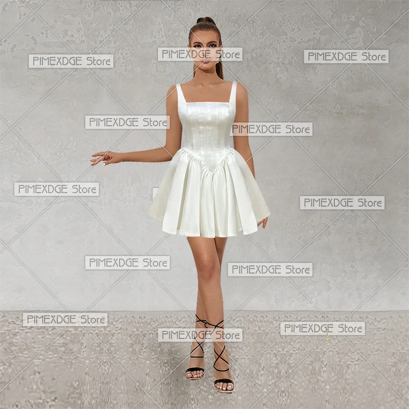 

Satin Mini Ball GownA-Line Square Neckline Backless Above Knee's Wedding Dresses for Party Banquet Holiday Beach Dress