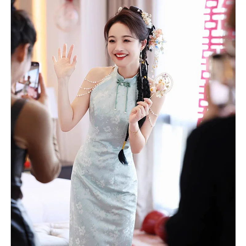 الأزرق المطبوعة شيونغسام التقليدية اليوسفي طوق خمر تشيباو مثير رائعة حفل زفاف ثوب النمط الصيني اللباس #6