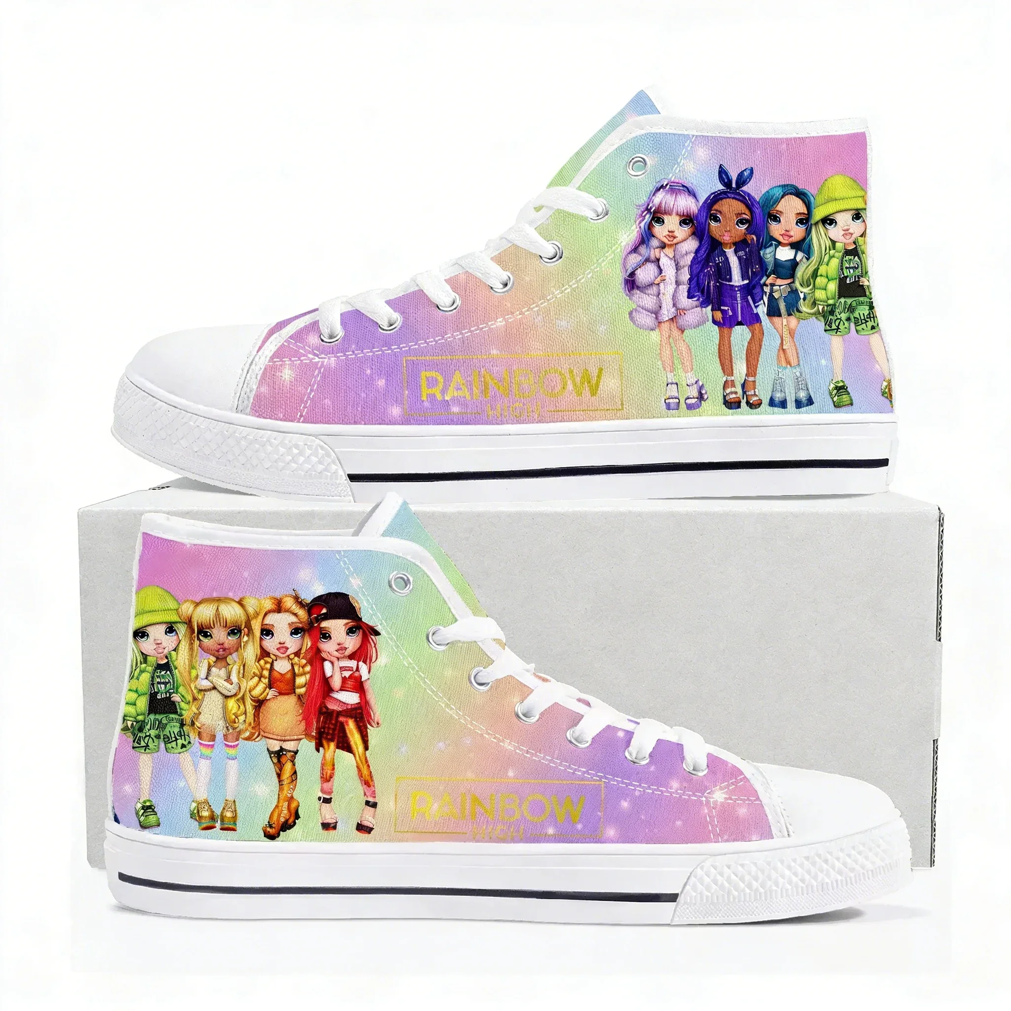 

Высокие кроссовки Rainbow High для девочек, мужские, женские, подростковые, высококачественные кеды из канваса, обувь с комиксами и мангой, парные, индивидуальные.