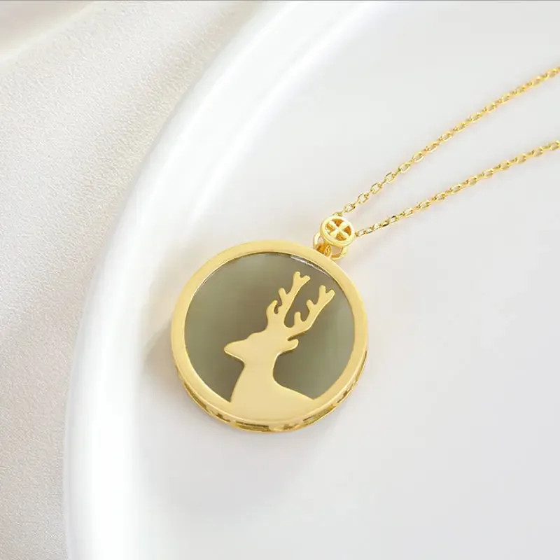 

Natural Hetian jade elk Pendant Necklace Chinese style retro palace unique ancient gold craft women's silver jewelry