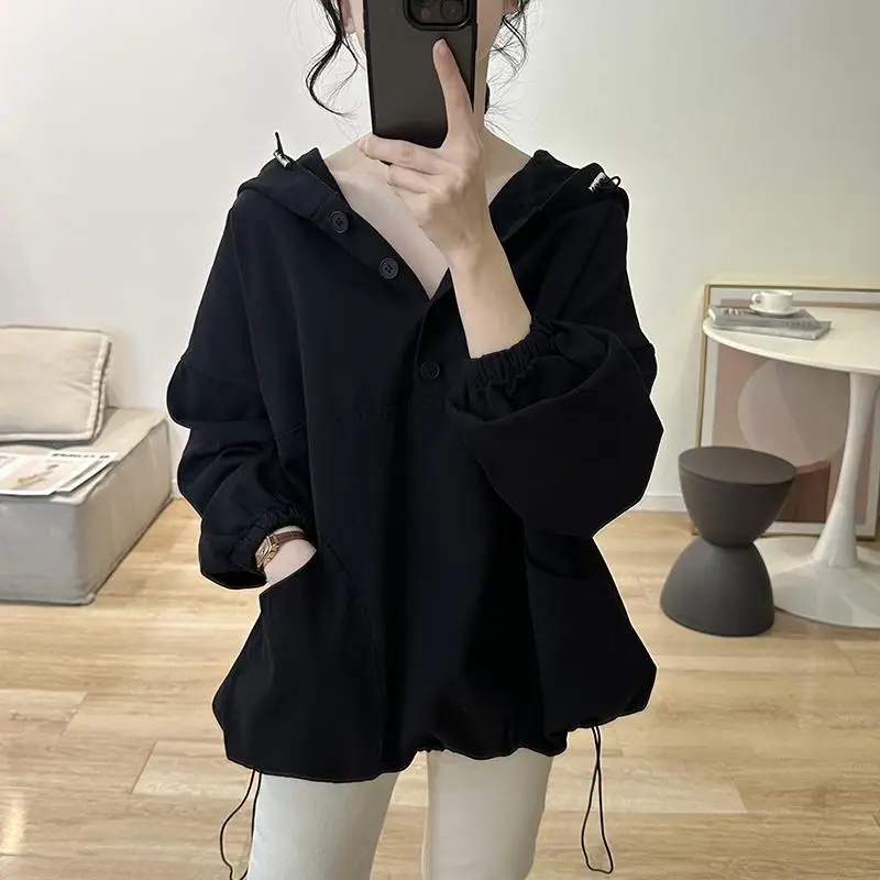 Fashion Hooded Spliced Button Shirring Pockets Blouse Female Clothing 2023 Autumn Winter New Oversized Casual Tops Korean Shirt