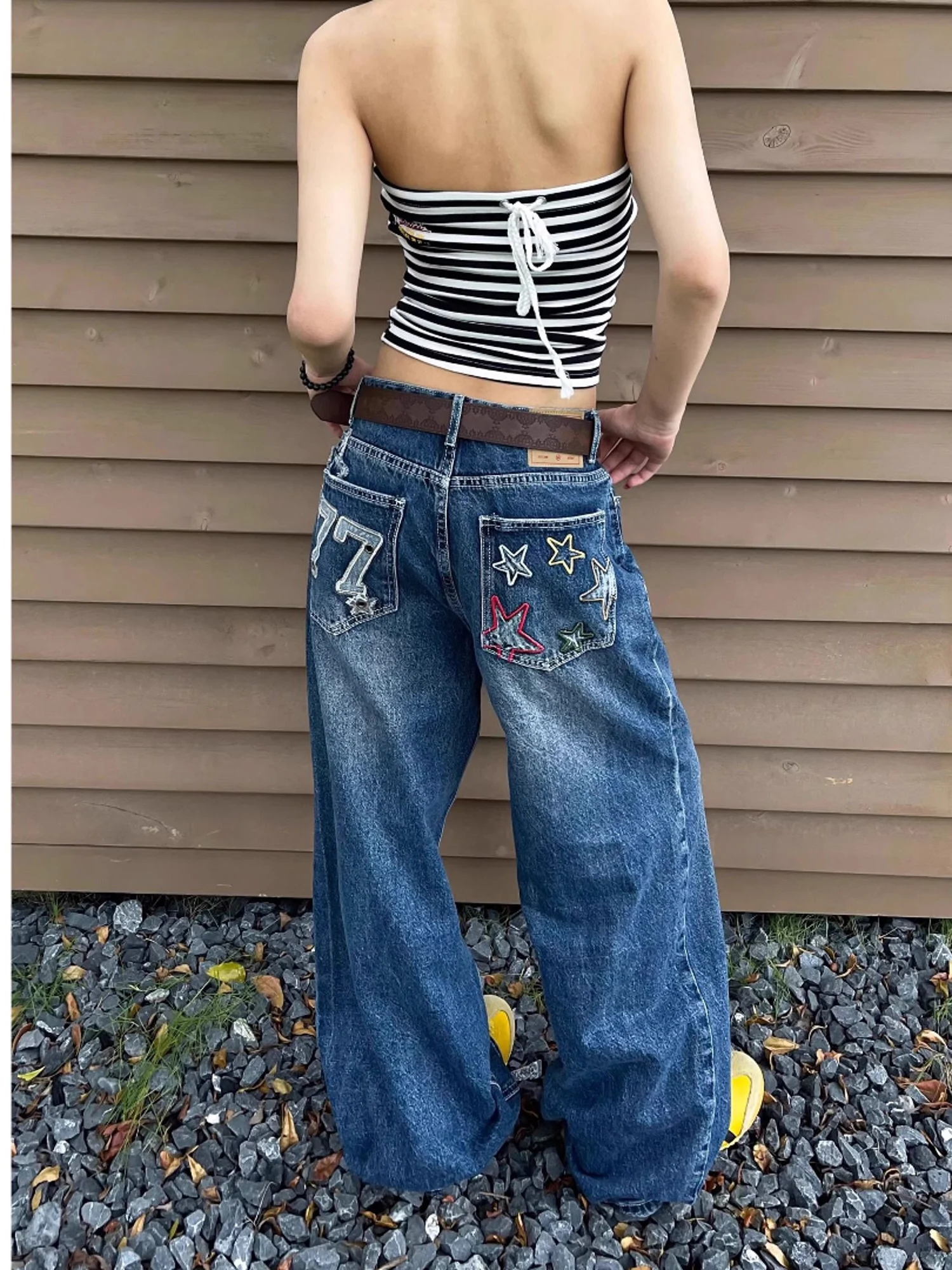 

Washed Denim Jeans Women's Design Loose Slimming Versatile Trendy Casual Straight Leg Wide Leg Pants American Embroidered Stars