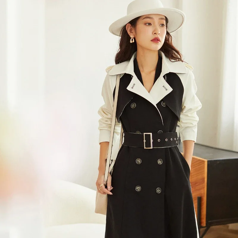 

2023 Spring Fall Women Double Breasted Buttons Patchwork Trench Coat , Woman Clothing England Style Slim High Waisted Long Coats