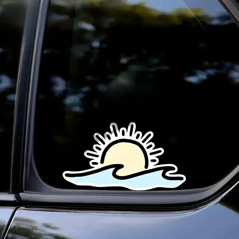 

Sun and Waves Vinyl Stickers - Self-Adhesive Beach Decals, Suitable for Cars, Laptops, Windows, Bathroom, Walls - Coastal