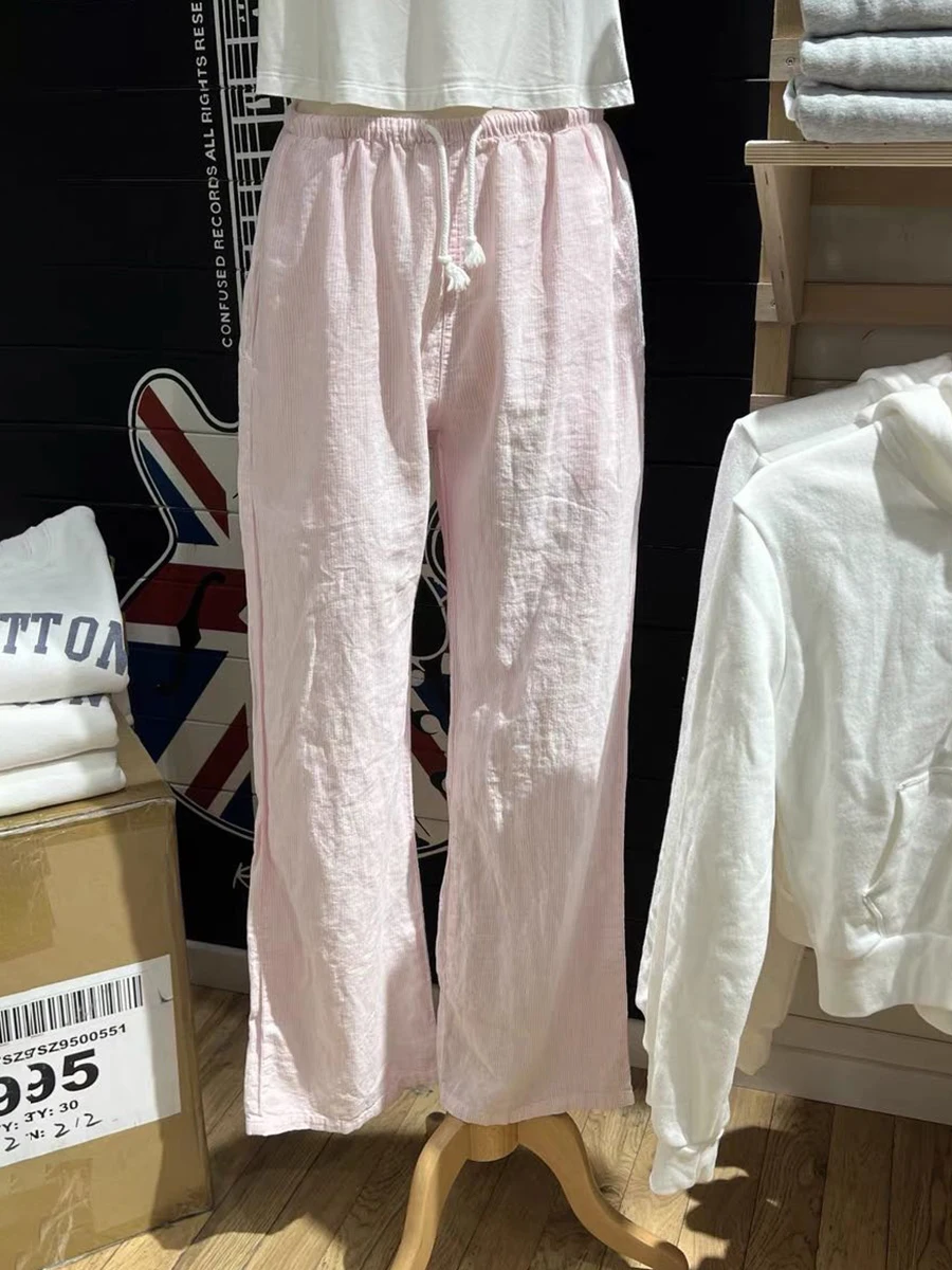 

Повседневные брюки в розовую полоску с завязками, летние эластичные хлопковые тонкие свободные брюки с высокой талией, женские повседневные простые милые домашние брюки