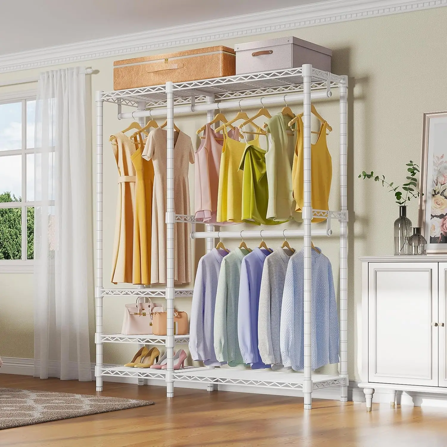 V2i 휴대용 의류 랙, 4개의 선반과 2개의 막대 포함, 고강도 금속 옷걸이, 최대 하중 700파운드