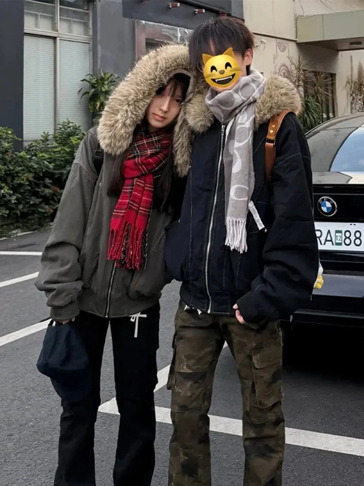 

American Retro Hooded Cotton Jaet Men's Cleanfit Trendy Brand Decosition Loose Thiened Cotton Coat Couple's Outerwear