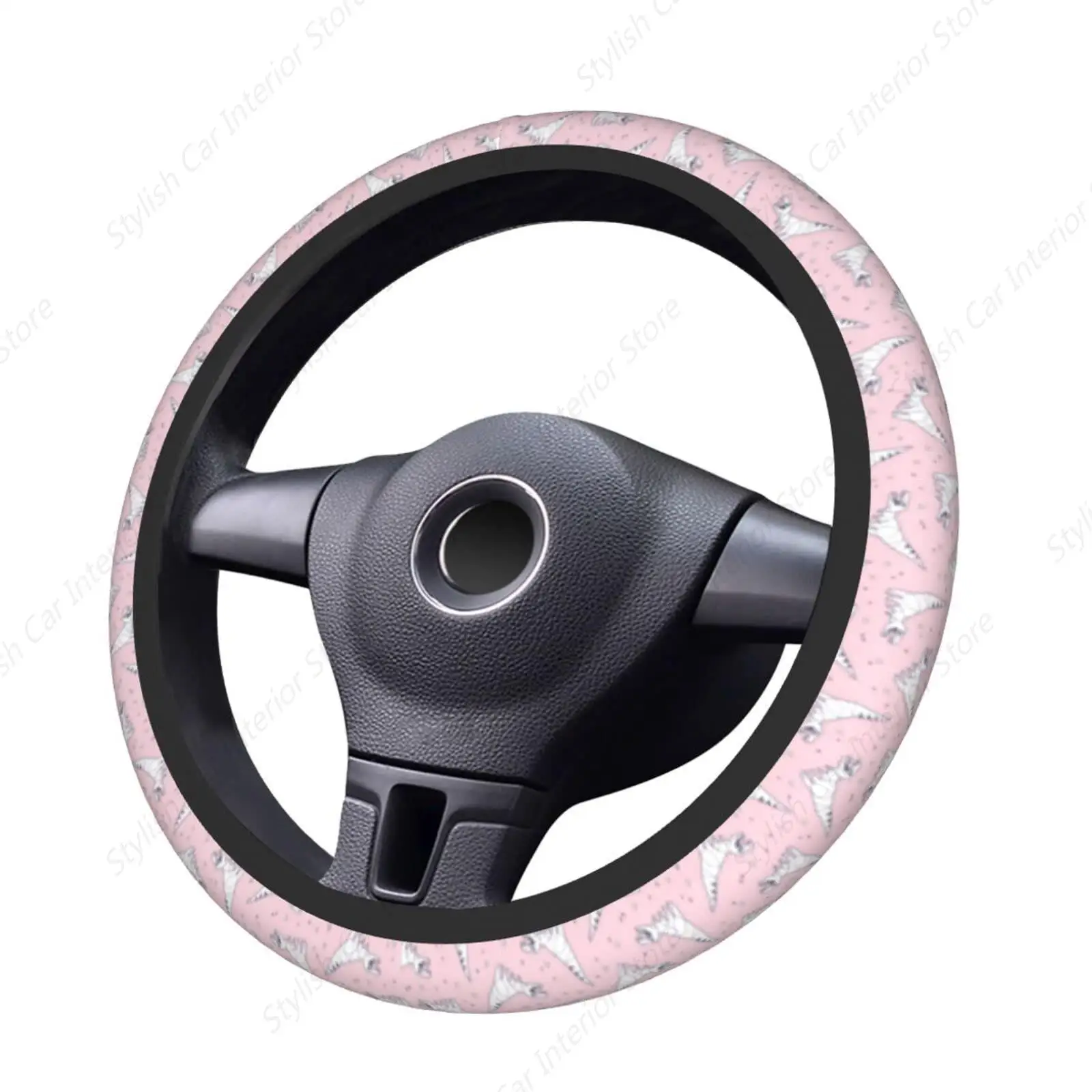 Funny Origami Dinosaur Pink Steering Wheel Cover for Women, Girls 15 inch Universal Auto Car Anti Slip Wrap Steering Wheel Cover