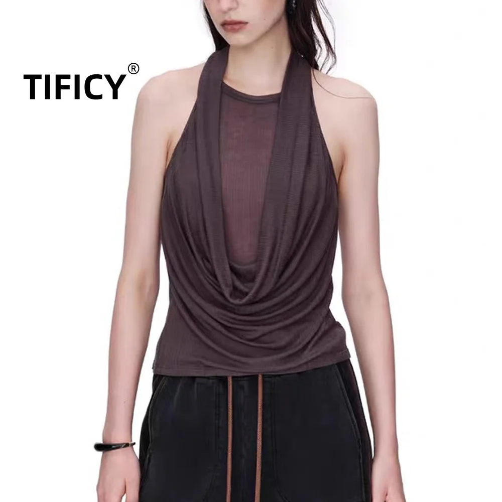 High Street RO Style Teed Tanks Sleeveless Neck Hanging Women's Pleated Slim Fit Versatile Neck Hanging Sexy Tank Camis Top