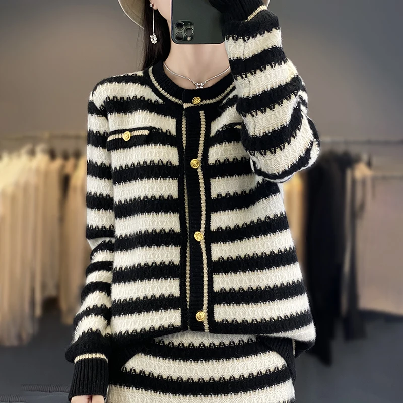 2024 New Women Striped Cashmere Cardigan Autumn Winter O-neck Long Sleeve Sweater 100% Merino Wool Knitwear Female Clothing