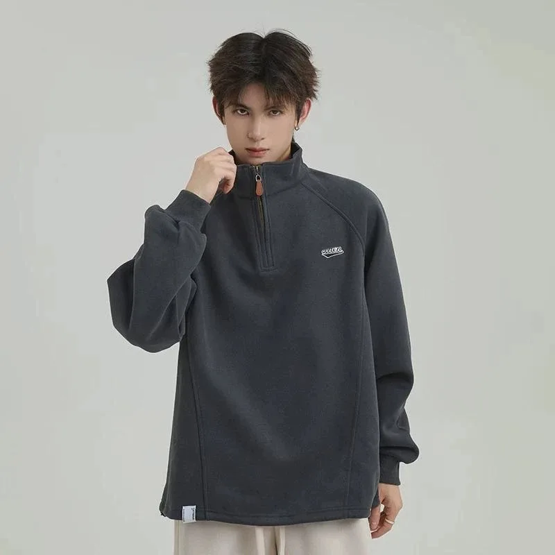 

Популярная трансграничная весна и осень, новый стиль, американская толстовка с воротником-стойкой на молнии, мужской свободный модный топ с длинными рукавами