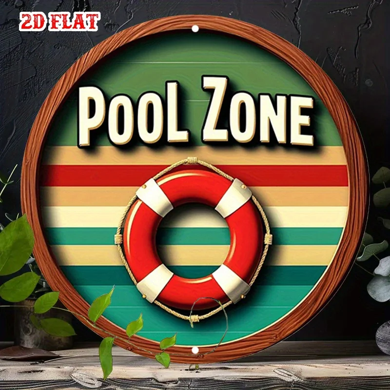 Letrero Metálico Decorativo de Pared con Diseño 2D Plano, Estilo Vintage de la Zona de Piscina, Retro Años 80/70, con Flotador, Estilo Moderno de Mediados de Siglo