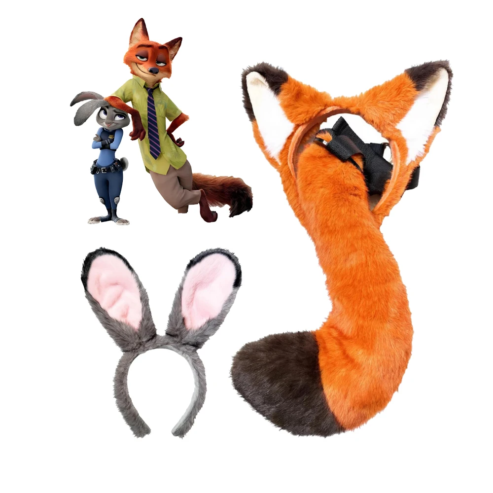 Ostern 2-teiliges Set Cartoon Judy Hopps Nick Wilde Cosplay Spielzeug-Set Zootopia Anime Hasen- und Fuchsschwanz Ohren-Stirnband Erwachsenen-Geschenke