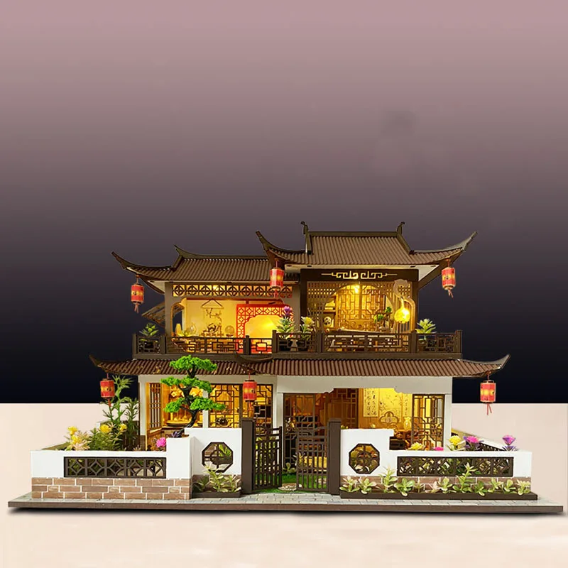 Grande edifício antigo casa de boneca de madeira casa móveis em miniatura com kit led casas de bonecas diy montagem brinquedo crianças presente aniversário