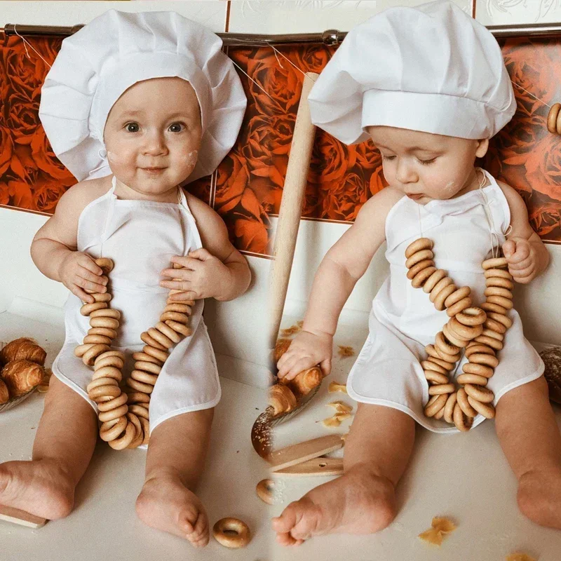 Baby Chef Apron Hat for Kids Costumes Chef Role PlayingBaby Cook Costume Newborn Photography Prop Newborn Hat Apron Eating Apron