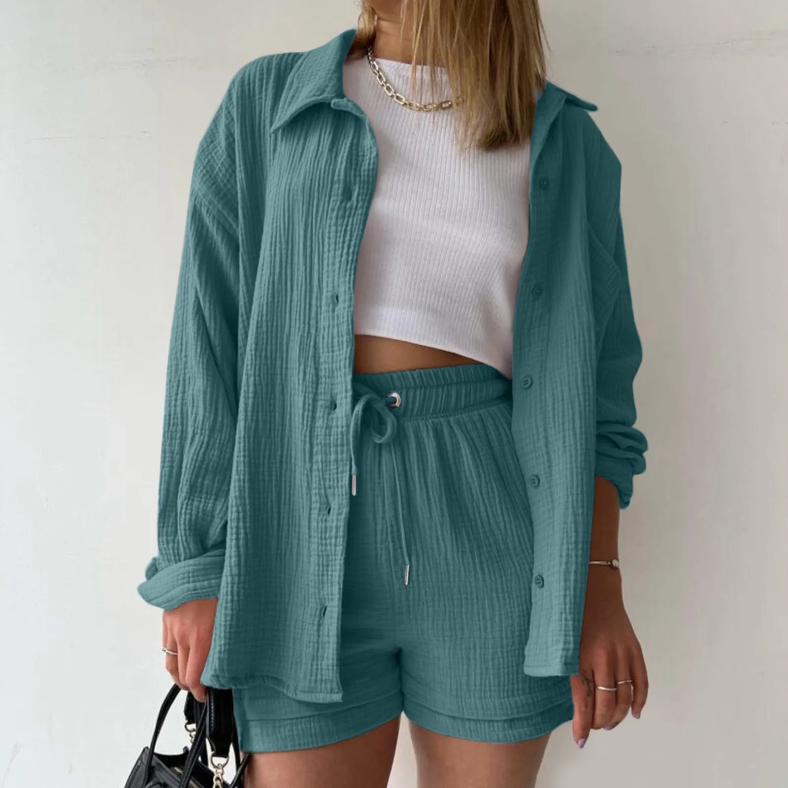 

Wrinkled Shirt And Blouses Loose Long Sleeve Pockets Top Lace-up Wide Leg Short Pants 2-Pieces Solid Casual Sets Woman Clothing