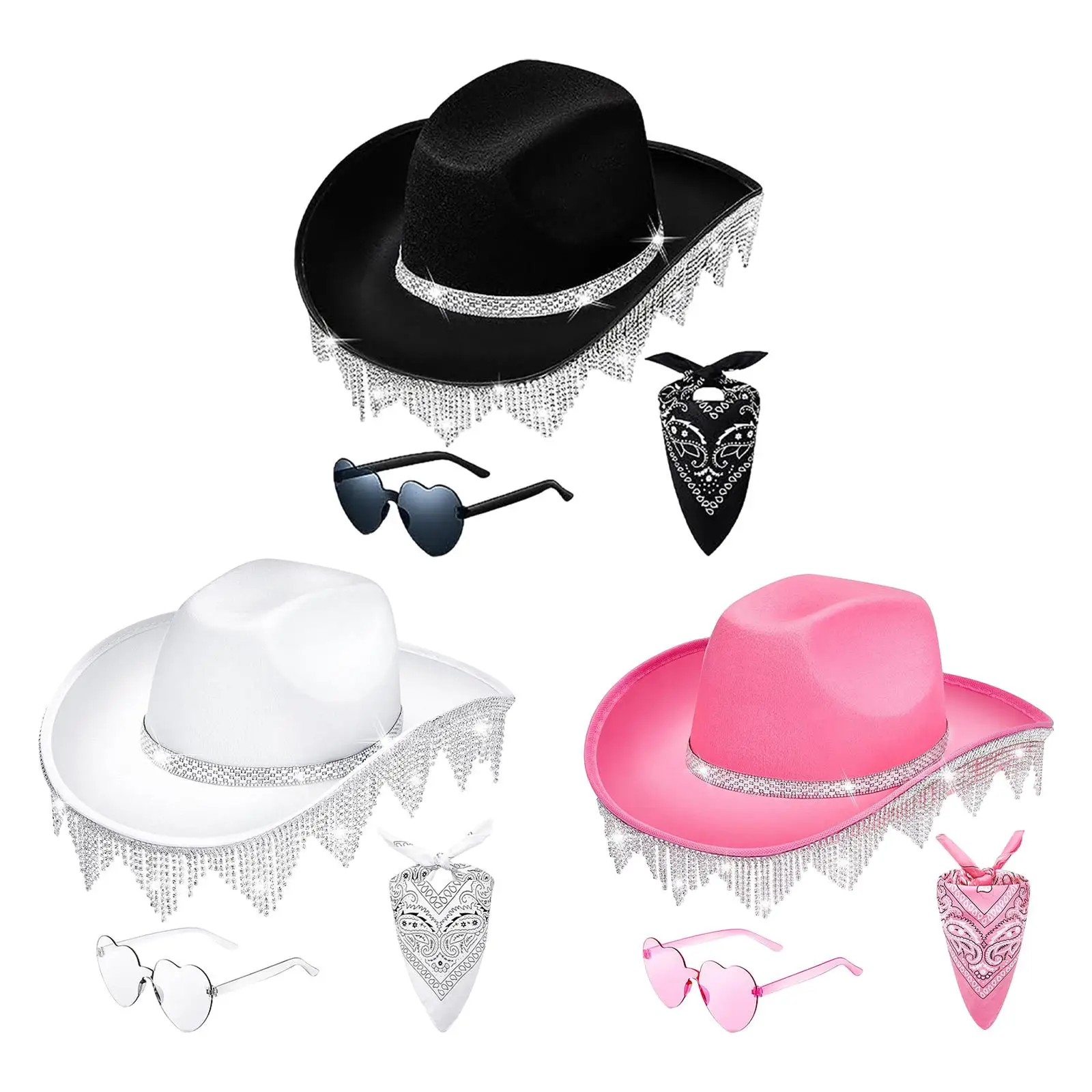 

Western Tassels Cowboy Hat Sun Protection Hat with Bandana Sunglasses Women Men Stylish Versatile Sunhat for Props Roles Play