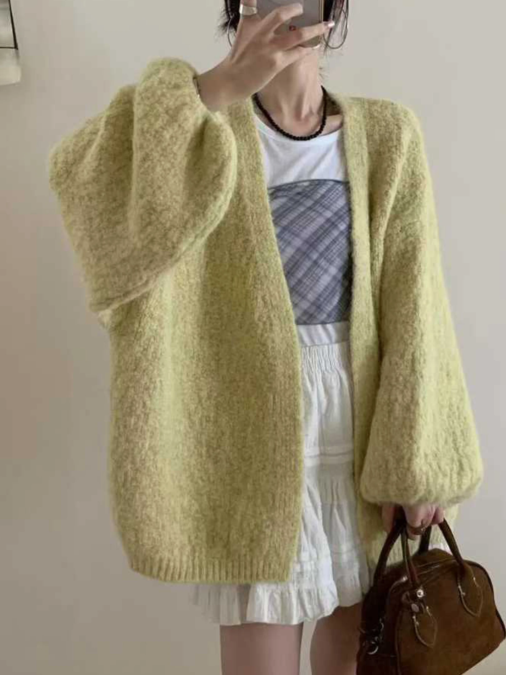 

Повседневный свободный длинный вязаный кардиган све, женский свитер, пальто-фонарь Све, средней длины, верблюжья шерсть, V-Ne, открытый кардиган