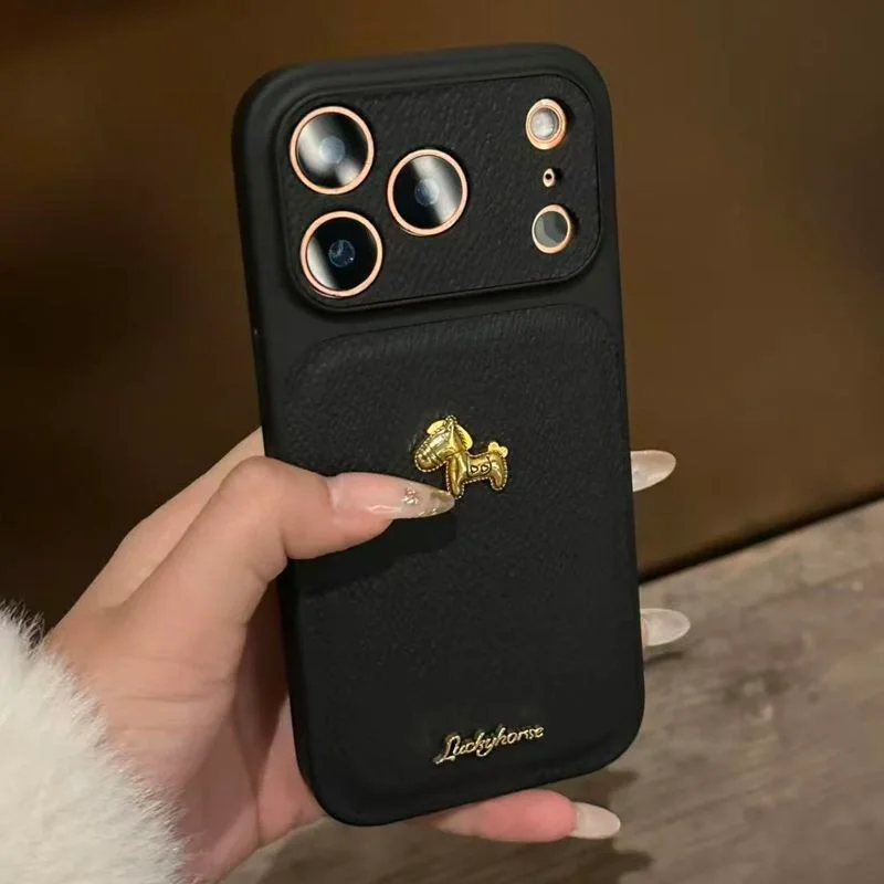 Luxury Leather Texture Phone Case For iPhone 17 Pro Max 16 15 14 13 12 Pro Max 3D Lucky Horse Shockproof Protective Back Cover