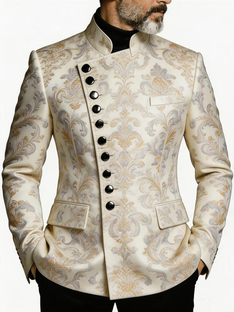 Men's Floral Jacquard Blazer Mandarin Collar Slim Fit Single Breasted Pattern Suit Jacket Fashion Wedding Party Formal Outerwear