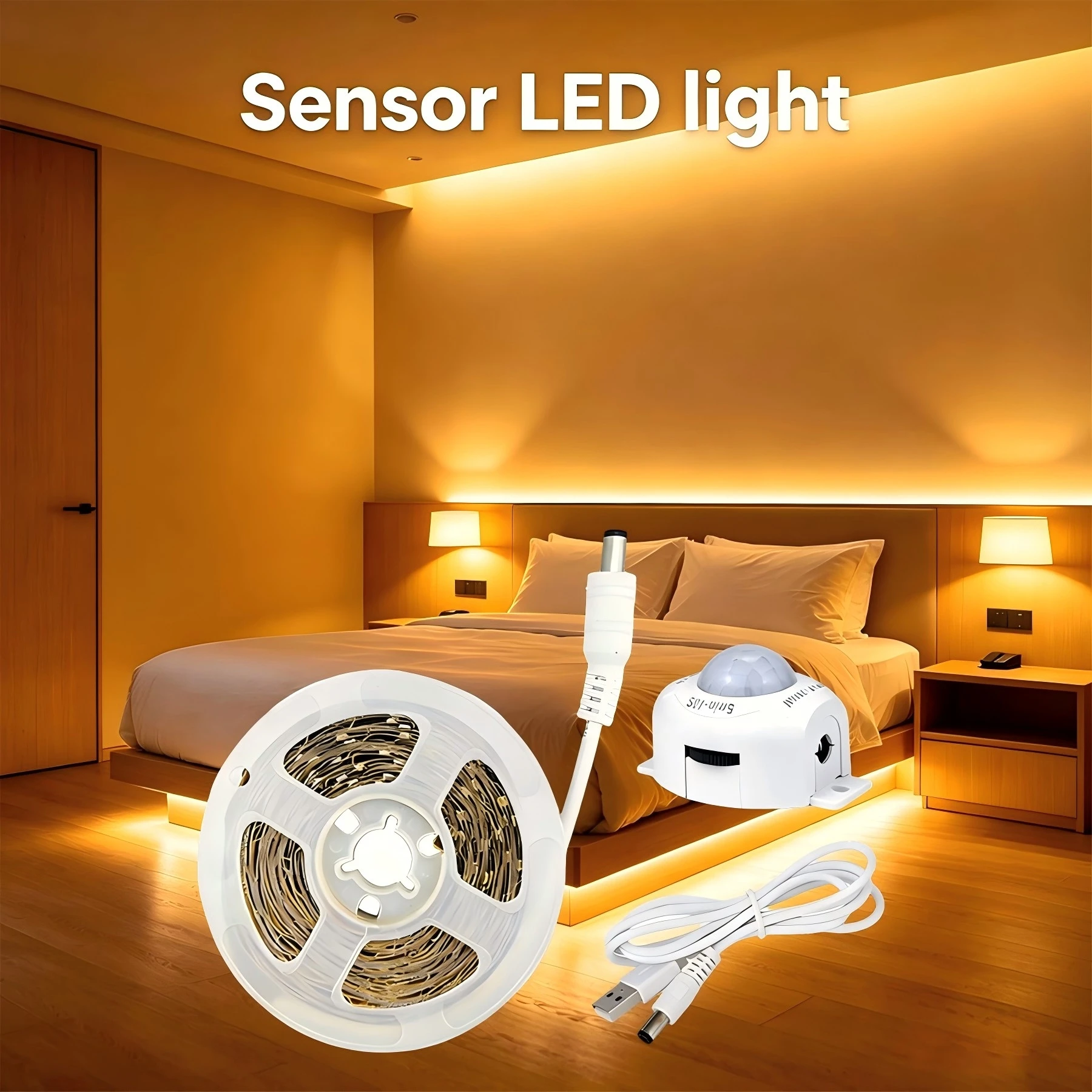 5V motion-sensing LED light strip, USB powered, available in warm and white colors. Suitable for bedrooms, cabinets, etc.