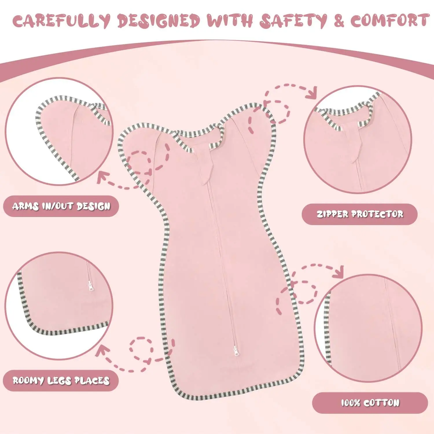 Cotton Baby Sleep Swaddle Sack with 2-Way Zipper for Girls, Large Size 20-27lbs, Arms In/Out Design